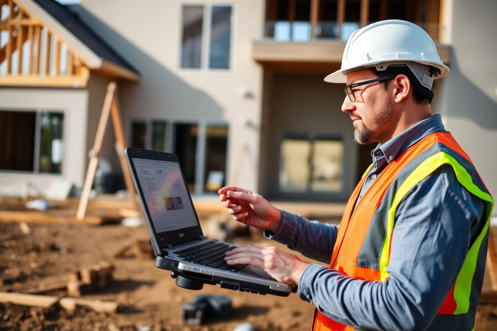 Project manager using a rugged laptop on a jobsite